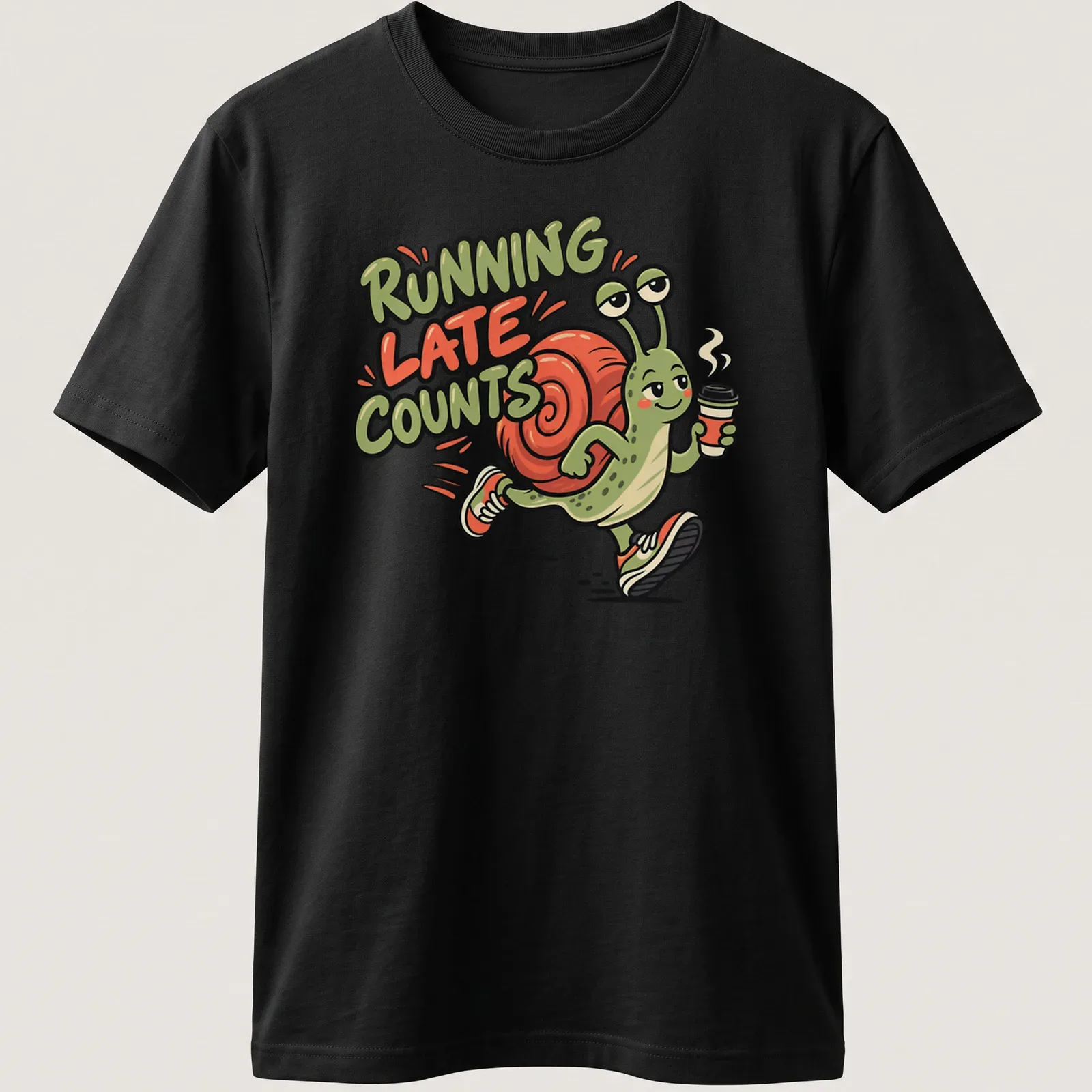 Cartoon snail jogger with the text 'Running Late Counts' in vibrant colors. — printed on a unisex t-shirt