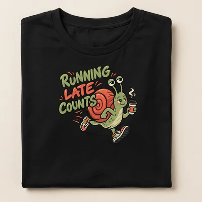 Cartoon snail jogger with the text 'Running Late Counts' in vibrant colors. — printed on a women's shirt