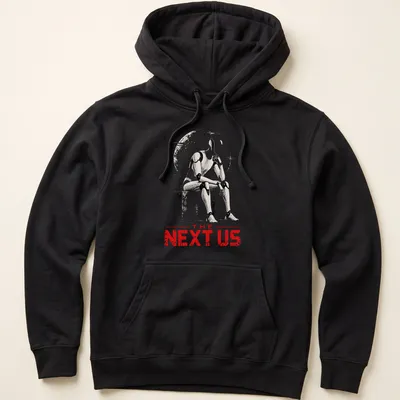 Silhouette of humanoid robot with 'THE NEXT US' text in red, white, and gray. — printed on a unisex hoodie