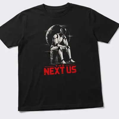 Silhouette of humanoid robot with 'THE NEXT US' text in red, white, and gray.