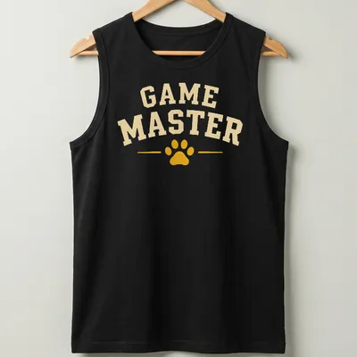 Bold collegiate Game Master t-shirt with paw print design in yellow and white. — printed on a tank top
