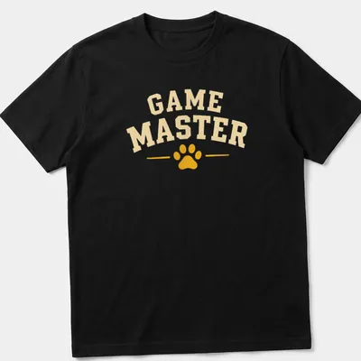 Bold collegiate Game Master t-shirt with paw print design in yellow and white.