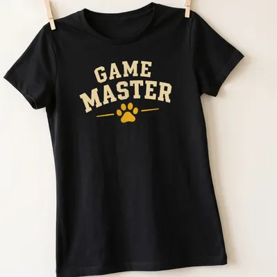 Bold collegiate Game Master t-shirt with paw print design in yellow and white. — printed on a women's shirt