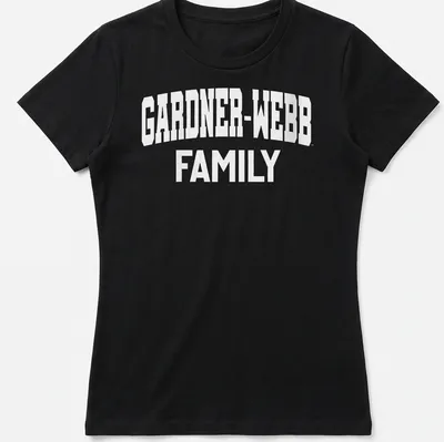 Bold collegiate print of Gardner-Webb Family on a — printed on a women's shirt