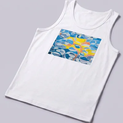 Geometric abstract design in blue, grey, mustard, orange, and white — printed on a tank top