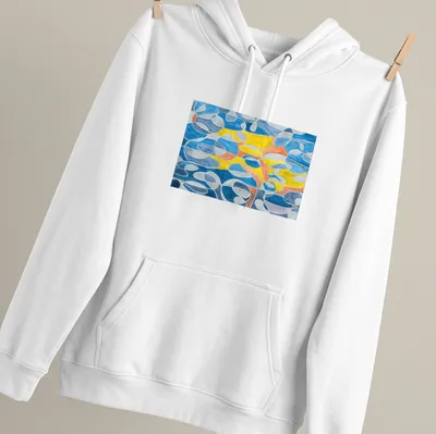 Geometric abstract design in blue, grey, mustard, orange, and white — printed on a unisex hoodie