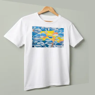 Geometric abstract design in blue, grey, mustard, orange, and white — printed on a unisex t-shirt (angled view)