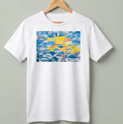 Geometric abstract design in blue, grey, mustard, orange, and white