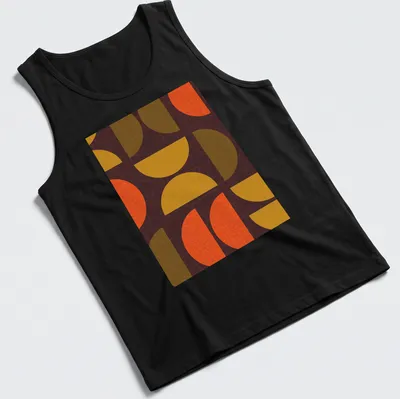 Textured geometric shapes t-shirt in warm colors of orange, yellow, brown, and green — printed on a tank top