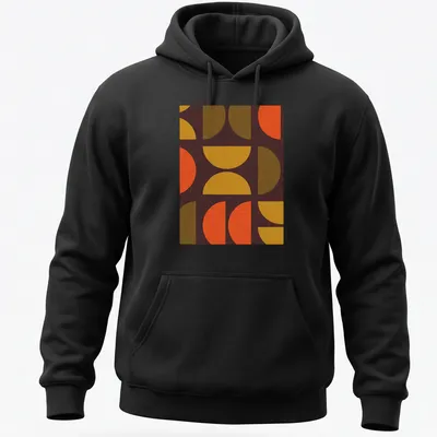 Textured geometric shapes t-shirt in warm colors of orange, yellow, brown, and green — printed on a unisex hoodie