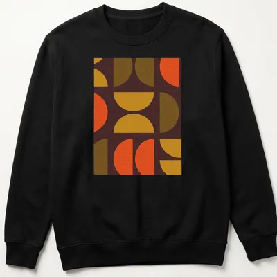 Textured geometric shapes t-shirt in warm colors of orange, yellow, brown, and green — printed on a unisex sweatshirt