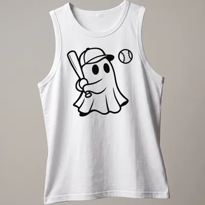Cartoon ghost swinging a baseball bat in black and white. — printed on a tank top