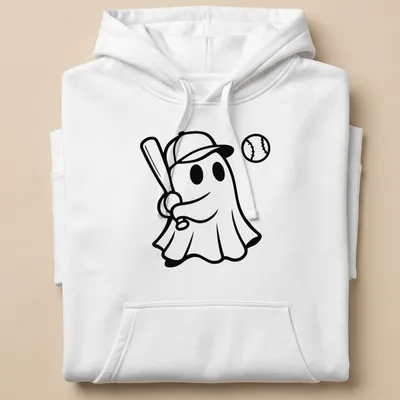 Cartoon ghost swinging a baseball bat in black and white. — printed on a unisex hoodie