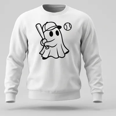 Cartoon ghost swinging a baseball bat in black and white. — printed on a unisex sweatshirt
