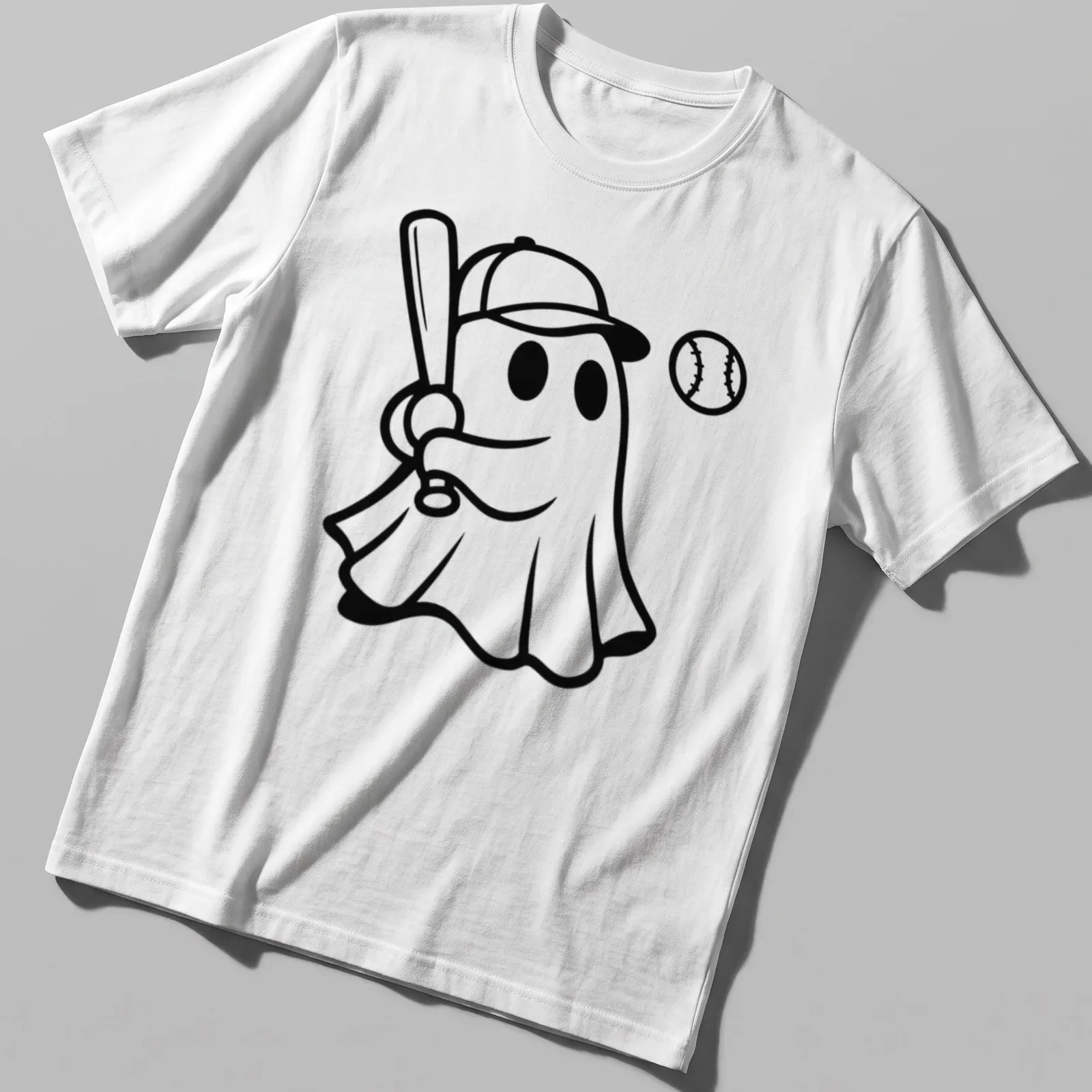Cartoon ghost swinging a baseball bat in black and white. — printed on a unisex t-shirt