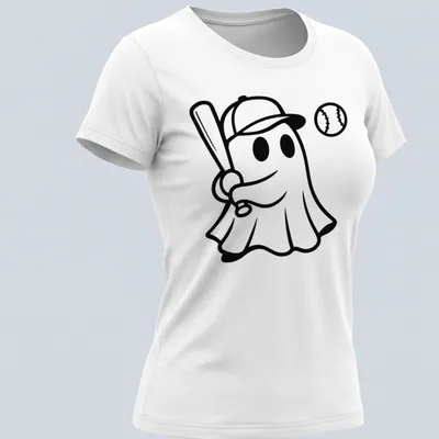 Cartoon ghost swinging a baseball bat in black and white. — printed on a women's shirt