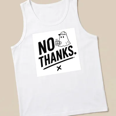 Cartoon ghost holding coffee with the text 'NO THANKS.' in playful font — printed on a tank top