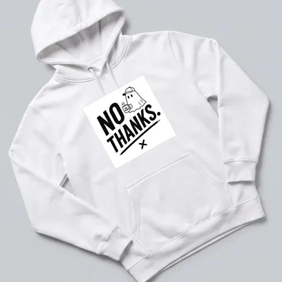 Cartoon ghost holding coffee with the text 'NO THANKS.' in playful font — printed on a unisex hoodie