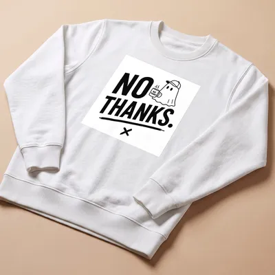 Cartoon ghost holding coffee with the text 'NO THANKS.' in playful font — printed on a unisex sweatshirt