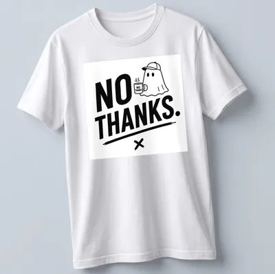 Cartoon ghost holding coffee with the text 'NO THANKS.' in playful font
