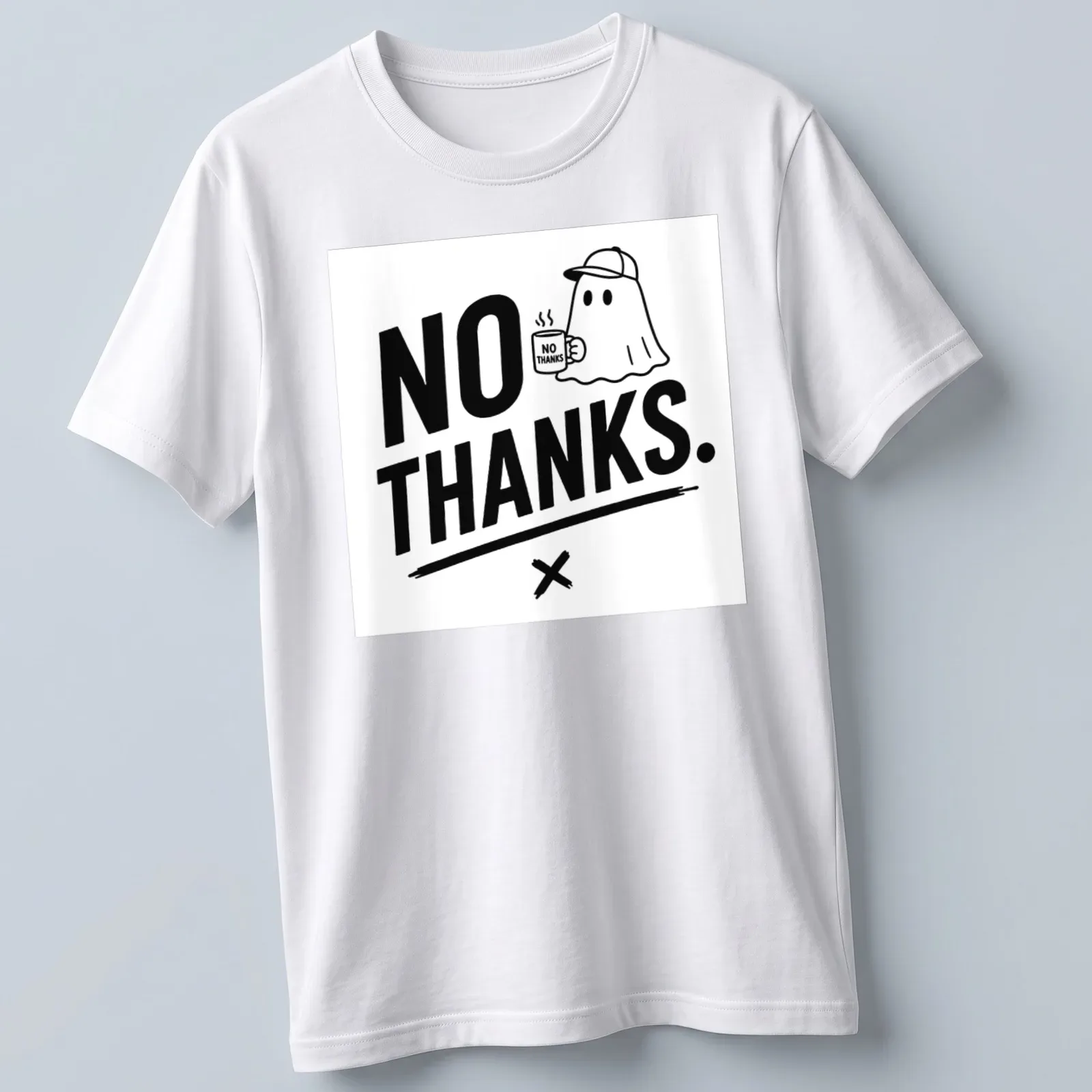 Cartoon ghost holding coffee with the text 'NO THANKS.' in playful font — printed on a unisex t-shirt