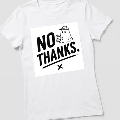 Cartoon ghost holding coffee with the text 'NO THANKS.' in playful font — printed on a women's shirt