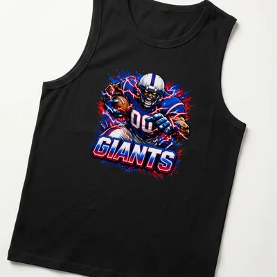 Comic book style illustration of a football player running with a ball, featuring GIANTS text. — printed on a tank top
