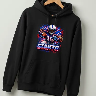 Comic book style illustration of a football player running with a ball, featuring GIANTS text. — printed on a unisex hoodie