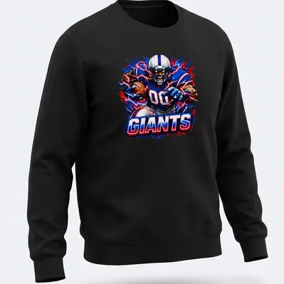 Comic book style illustration of a football player running with a ball, featuring GIANTS text. — printed on a unisex sweatshirt