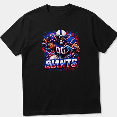 Comic book style illustration of a football player running with a ball, featuring GIANTS text.