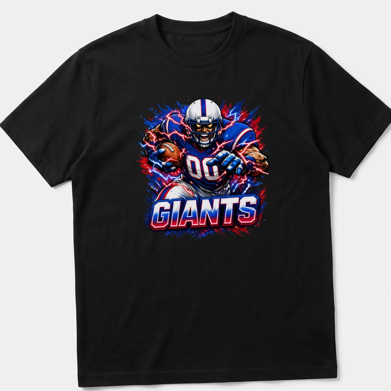 Comic book style illustration of a football player running with a ball, featuring GIANTS text. — printed on a unisex t-shirt