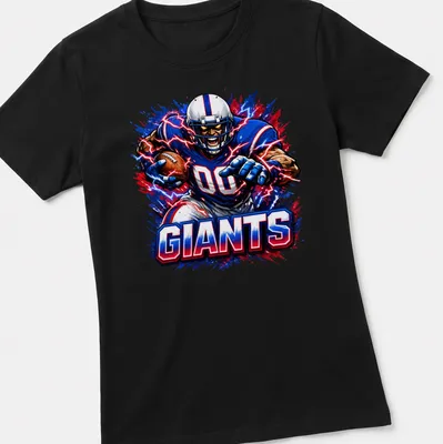 Comic book style illustration of a football player running with a ball, featuring GIANTS text. — printed on a women's shirt