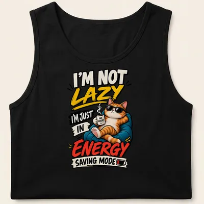Bold cartoon ginger cat in sunglasses with humorous text about energy saving mode — printed on a tank top