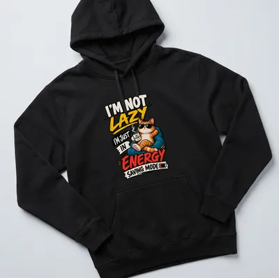 Bold cartoon ginger cat in sunglasses with humorous text about energy saving mode — printed on a unisex hoodie