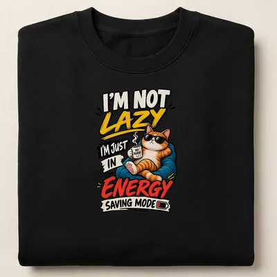 Bold cartoon ginger cat in sunglasses with humorous text about energy saving mode — printed on a unisex sweatshirt