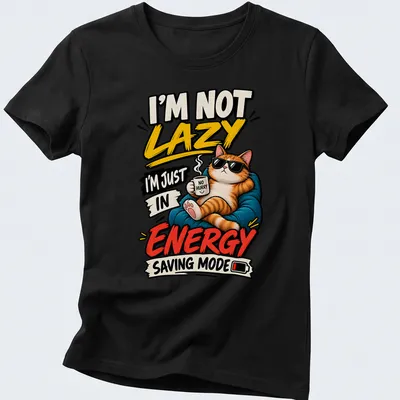 Bold cartoon ginger cat in sunglasses with humorous text about energy saving mode — printed on a women's shirt