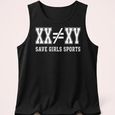 Bold typography t-shirt with the message XX ≠ XY SAVE GIRLS SPORTS — printed on a tank top