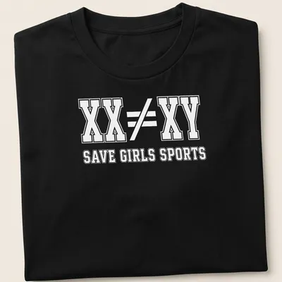 Bold typography t-shirt with the message XX ≠ XY SAVE GIRLS SPORTS