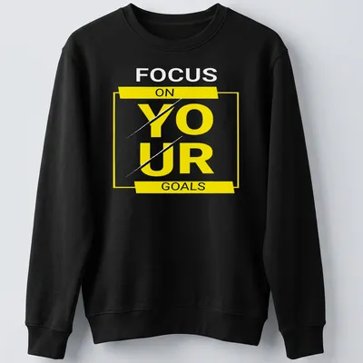 Bold typography shirt with motivational text 'FOCUS ON YOUR GOALS' in yellow, black, and white. — printed on a unisex sweatshirt