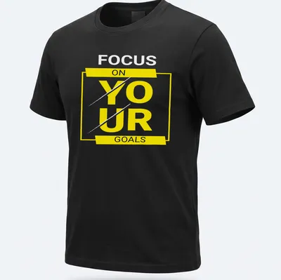 Bold typography shirt with motivational text 'FOCUS ON YOUR GOALS' in yellow, black, and white.