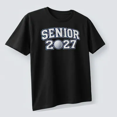 Bold collegiate Golf Senior 2027 shirt with golf-themed design — printed on a unisex t-shirt (angled view)