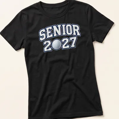 Bold collegiate Golf Senior 2027 shirt with golf-themed design — printed on a women's shirt