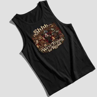 Gothic monsters reading with whimsical text on a dark-themed — printed on a tank top