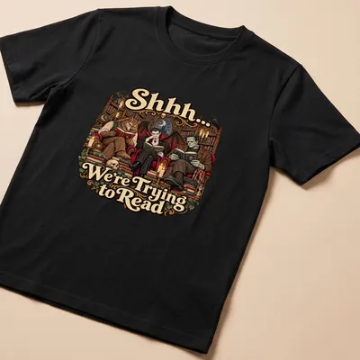 Gothic monsters reading with whimsical text on a dark-themed shirt