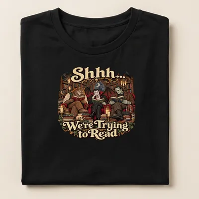 Gothic monsters reading with whimsical text on a dark-themed — printed on a women's shirt