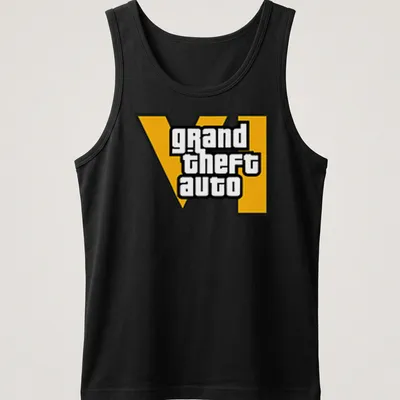 Bold graphic 'grand theft auto VI' t-shirt in black, yellow, and white — printed on a tank top