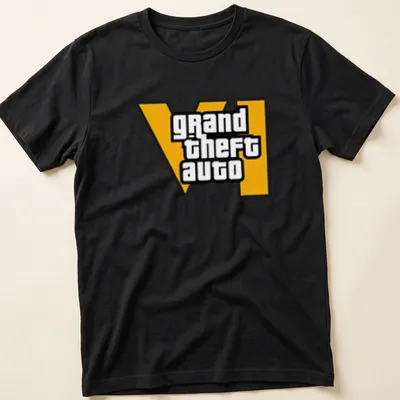 Bold graphic 'grand theft auto VI' t-shirt in black, yellow, and white