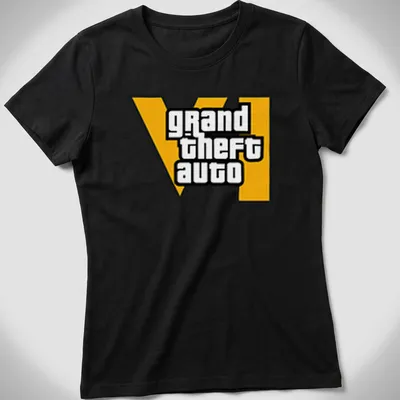 Bold graphic 'grand theft auto VI' t-shirt in black, yellow, and white — printed on a women's shirt