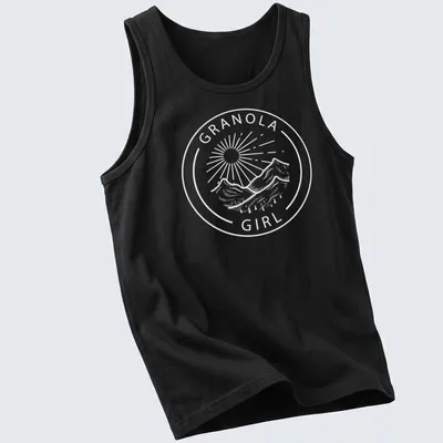 Illustration of a Granola Girl hiking in nature with mountains in the background — printed on a tank top