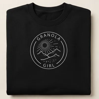 Illustration of a Granola Girl hiking in nature with mountains in the background — printed on a unisex sweatshirt